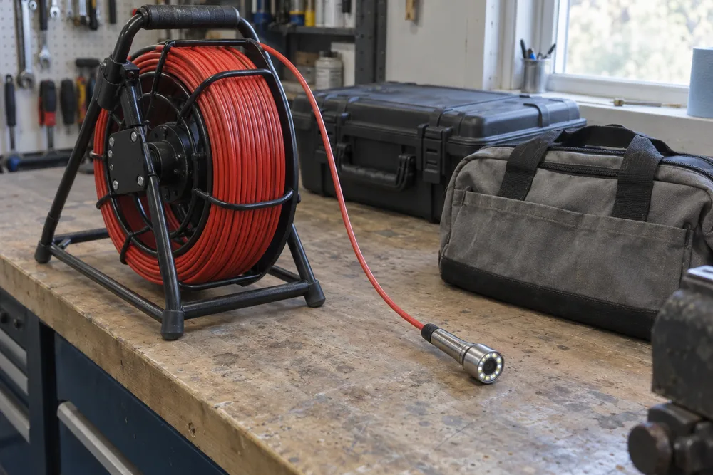 Inspection camera head connected to a push rod and reel